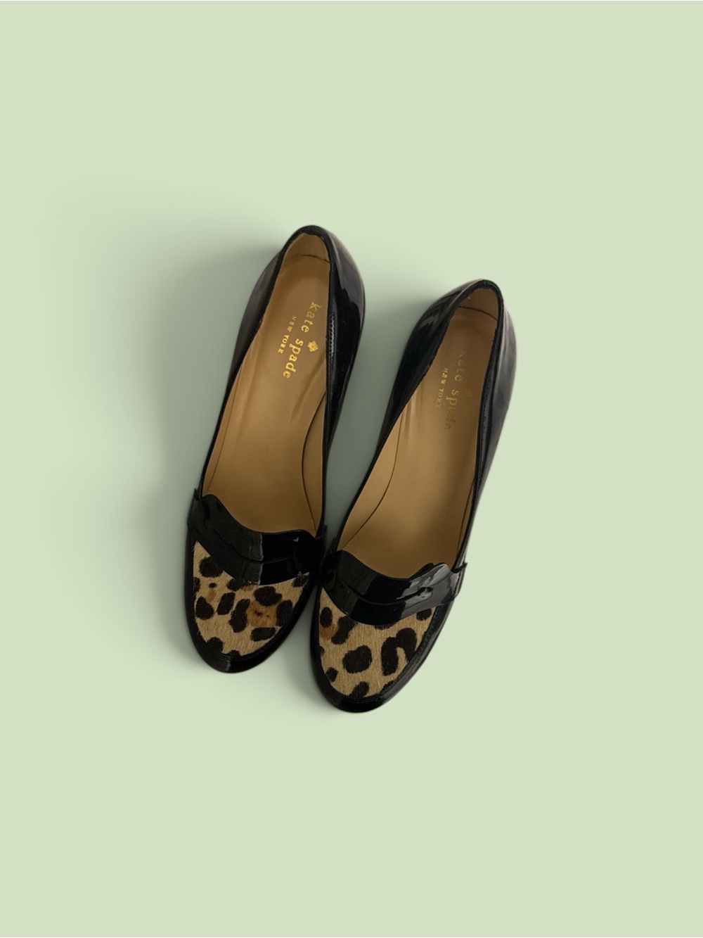 kate spade Black Patent Leather Flats with Leopard Print Toe